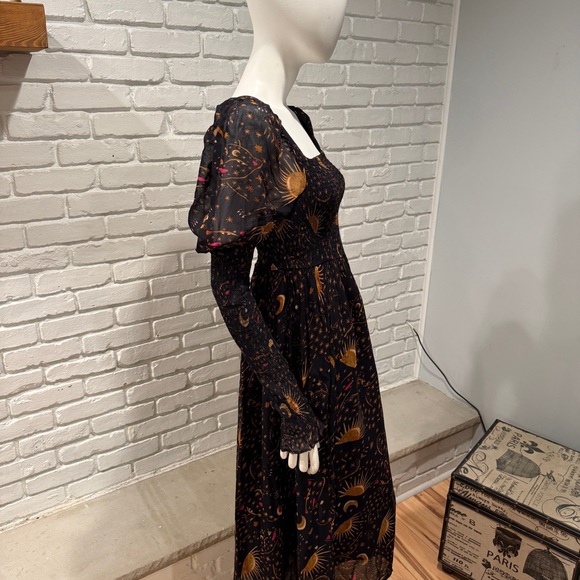 Farm Rio Boho Celestial Print Dress M | Smocked Midi Puff Sleeve Festival Luxe - Picture 15 of 16
